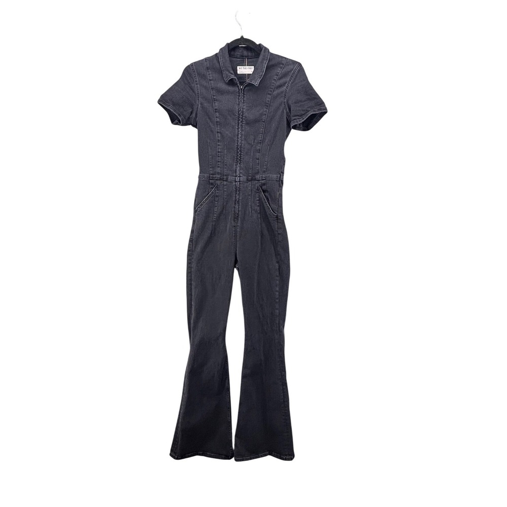 We The Free Denim Jumpsuit Medium 70s Whimsigoth Flare Leg Zip Front